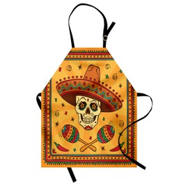 Lunarable Mexican Apron, Mexican Sugar Skull Cartoon Carnival Cartoon Traditional Celebration Print, Unisex Kitchen Bib with Adjustable Neck for Cooking Gardening, Adult Size, Orange Teal
