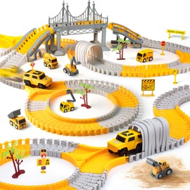 Car Racing Track for Children with 2 Electric Cars, 6 Cars Excavator Toy, Flexible Car Track Toy Cars Set for 3 4 5 6 7 Years Old Child Children Boys Girls