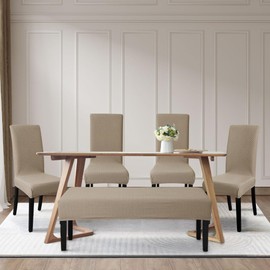 FORCHEER Dining Chair Covers and Bench Covers Set Waterproof Light Brown Jacquard Washable Parsons Chair Slipcover Removable Seat Protector for Dining Room- 4 PCS Chair Cover+1 PC Bench Cover