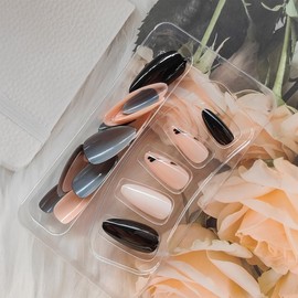 24Pcs Valentines Day Almond Press on Nails Medium Stiletto Fake Nails with Black White Heart Design Acrylic Nails Reusable Nude False Nails Cute Artificial Glue on Nails for Women DIY Manicure