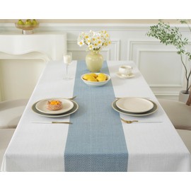 Alsoo Tablecloth for Dining Table Rustic Farmhouse Kitchen Wrinkle Free Table Cloths Coffee Table Cover, Cotton Linen Fabric Rectangle Tablecloth, Beige, Blue Stripe, 55x106 Inches