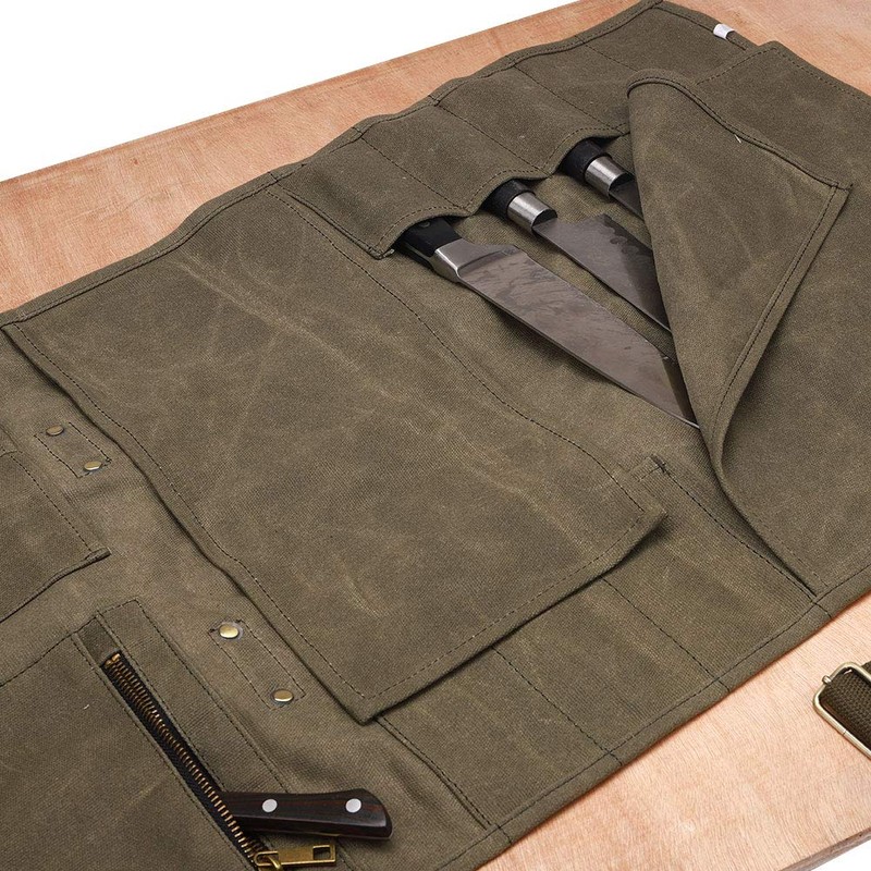 Large Chef’s Knife Roll Bag, Heavy Duty Waxed Canvas Knife