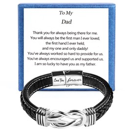 Aospkle Mens Gift Leather Infinity Bracelet, Braided Black Leather Bracelet Stainless Steel Engraved with Love You Forever Jewelry Gifts for Dad 7.5 Inches