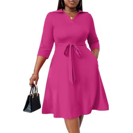 Semi Formal Women's Vintage Church 3/4 Sleeve Rose Red Work Midi Dress with Belt 1XL