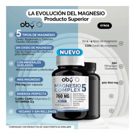 5 Magnesios: Citrato Magnesio, Glicinato Magnesio, Treonato, Taurato, Gluconato | + Camu Camu Y Vitamina D3 | Magnesio Complex Vegano | Suplementos Vitaminas Oby 60 Capsulas