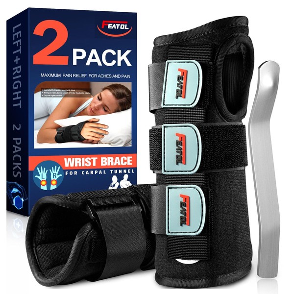 FEATOL 2 Pack Wrist Brace for Carpal Tunnel Relief, Adjustable