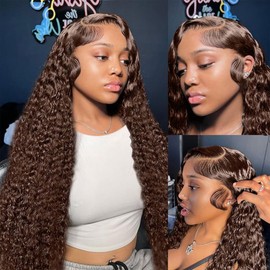 Chocolate Brown Deep Wave Transparent Lace Front Wigs Wet Wavy Human Hair 13x4 Ear To Ear Lace Frontal Wig Brazilian Deep Curly Wigs for Women Pre Plucked with Baby Hair 180% Density (22 Inch)