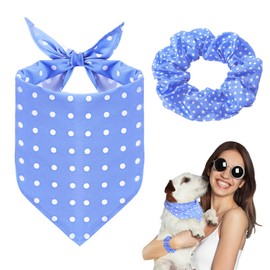 Sanwuta Dog Bandanas & Matching Hair Scrunchie Set Blue Dot Spring Summer Clothes Pet Scarf Bibs Bandana for Owner and Dog Matching Large Medium Puppy