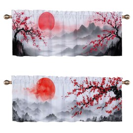 CAIJXIONG Japanese Cherry Blossoms Valances for Windows 2 Pack Mountains Trees Red Sun Decoration Window Valances Curtains Drapes for Kitchen Bedroom Window Treatment Valances 54x18 inch