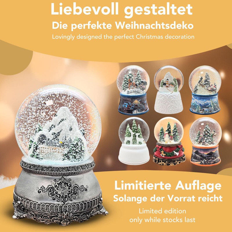 Snow globe mountain landscape with bridge, pewter effect ornaments, with