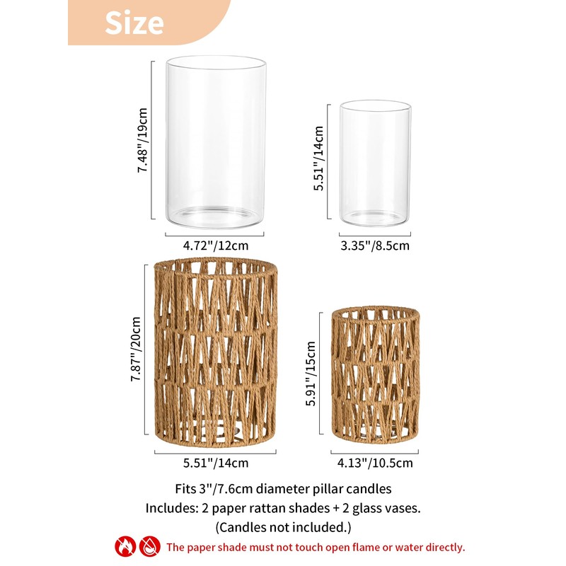 NUPTIO Rattan Boho Hurricane Lanterns: Set of 2 Pillar Candle