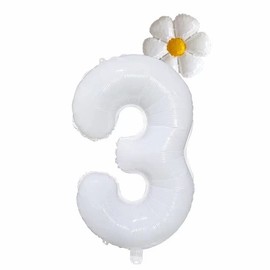 40 Inch White Number 3 Daisy Balloons Set，Birthday Balloons For Kids and Aldult，Jumbo Helium Foil Balloon，3rd Birthday Party Decorations. (White 3)