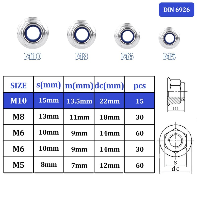 Mbsomnus M10 Nuts, Pack of 15 Flange Nuts M10 DIN