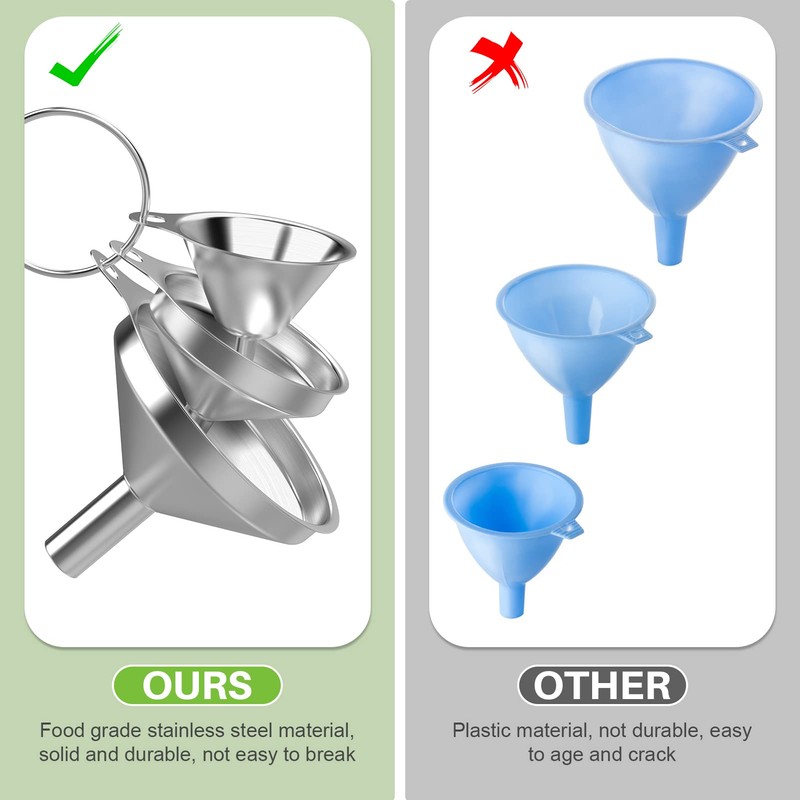 Pack of 3 Funnels Kitchen Stainless Steel with 2 Cleaning