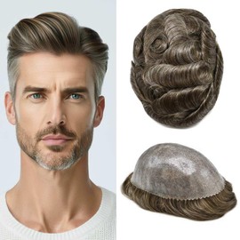 Toupee For Men Real Human Hair Replacement System 0.1mm All Injection PU Mens Toupee Durable Thin Skin Hairpiece For Men Prosthesis Hair Units Patch Wig #440 Medium Brown Mixed 40% Gray