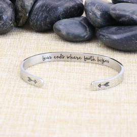 Yiyang Inspirational Gift for Her Engraved Jewelry Stainless Steel Metal Fear Ends Where Faith Begins Cuff Bracelet
