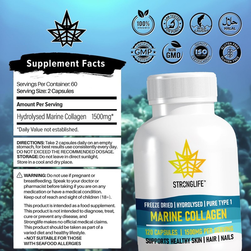 Marine Collagen Capsules 1500mg - 120 Hydrolysed Capsules 60 Day