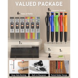 Nicpro 5 Pack Mechanical Carpenter Pencil Set with Sharpener & Finger Grip, Mechanical Woodworking Pencils with 41 Refills, Deep Hole Marker Heavy Duty Construction Pencils for Architect- With Case