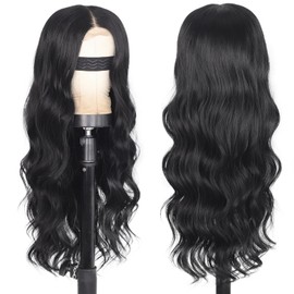 XIXIBI Long Black Wigs for Women, Black Curly Wavy Wig, 26 Inch Natural Looking Women's Charming Synthetic Middle Part Heat Resistant Fiber Wig for Daily Party Use