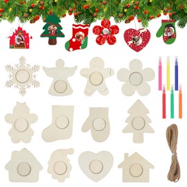 CCINEE 24Pack Christmas Wooden Photo Frame Ornaments DIY Unfinished Wood Picture Frame Ornaments with Pens Xmas Photo Ornament Frames Decor for Holiday Picture Frame Presents and Tree Decoration