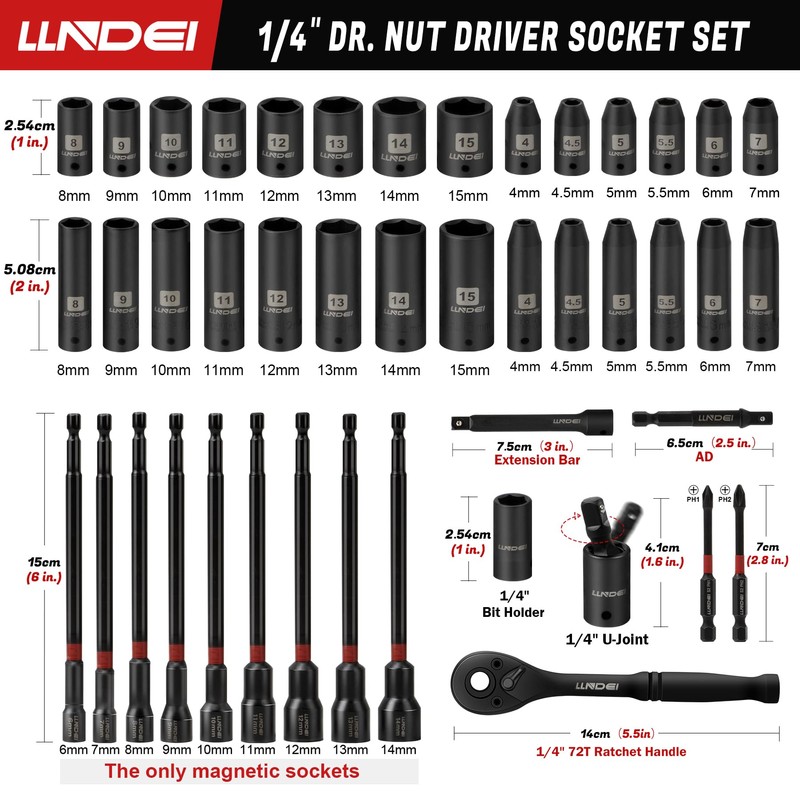 LLNDEI 1/4" Drive Socket set & Nut Driver Set 44PCS,