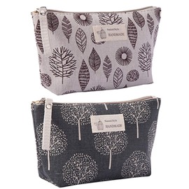 2 Pieces Canvas Cosmetic Bag, Printed Makeup Bags with Zipper, Multi-Functional Canvas Travel Pouch, for Cosmetics Keychains Coins Cash Cards (Leaf, Trees)