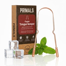 PRIMALS Raspador de lengua de cobre: aliento más fresco y mejor salud bucal. Limpiador ayurvédico natural para la desintoxicación diaria. Resistente al óxido, ecológico. Incluye bolsa de tela de viaje