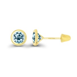 Solid 14K Yellow Gold 5mm Round Natural Sky Blue Topaz December Birthstone Bezel Screw Back Stud Earrings