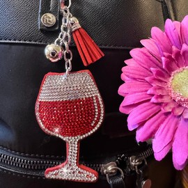 Popfizzy Red Wine Keychain for Women, Bling Gifts for Wine Lovers, Rhinestone Purse Charms for Handbags, Gifts for Drinkers