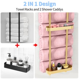 STWWO Towel Racks for Bathroom with Shower Caddy with Metal Shelf, 36.4 Inch Bathroom Towel Storage Wall Mounted, Gold