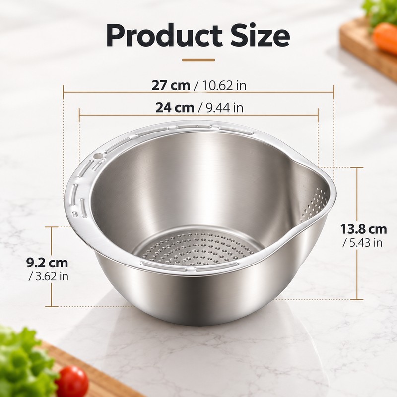 Stainless Steel Rice Washing Bowl with Strainer for Rice, Fruits