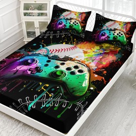 AILONEN Colorful Gamepad Fitted Sheet Twin Size, Modern Gamer with Baseball Bedding Set for Kids Boys,Video Game Bed Sheet Set,Player Gaming Bedsheets Set,1 Fitted Sheet and 2 Pillow Case,3 Piece