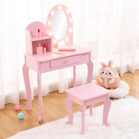 Kids Vanity Set with Touch Lighted Mirror, Pretend Play Girls Vanity Table and Chair Set with Mirror, Stool, and Wood Makeup Playset, Pink