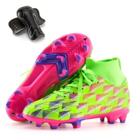 Boys Girls Soccer Cleats High Top Lightweight Training Football Shoes Little Big Kid Youth Firm Ground Athletic Outdoor Turf Indoor Lace Up Non-Slip Comfortable Durable Flexible Traction Breathable 5