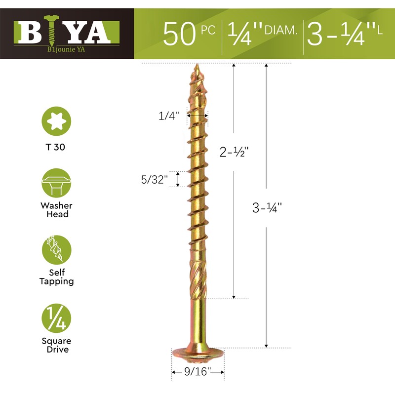 Lag Screws,1/4" x 3-1/4" Structural Screws, 50pcs Construction Lag Screws