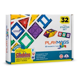 Playmags Magnetic Tile Set, 32-Piece Magnets Building Blocks for Kids, Bonus Clickins ABC Tiles -– STEM Learning Toys for Kids – Strong, Durable, Educational Magnet Blocks for Creative Plays