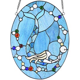 Bieye W10064 Mermaid Tiffany Style Stained Glass Window Panel with Chain, Oval Shape, 13”W x 18" H