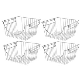 Benzoyl Large Stackable Storage Baskets Cabinet Organizer Sturdy Metal Wire Pantry Freezer Bin for Pantry Home Bathroom Kitchen Organization 4 Packs