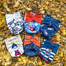 Castle Cat 6pcs Washable and Reusable One-Fit-All Double Gussets Side Leakage Prevention Cloth Diapers Packed with 12pcs Inserts and 2pcs Wet Bags for Baby Girls and Boys (Boy Prints 04)
