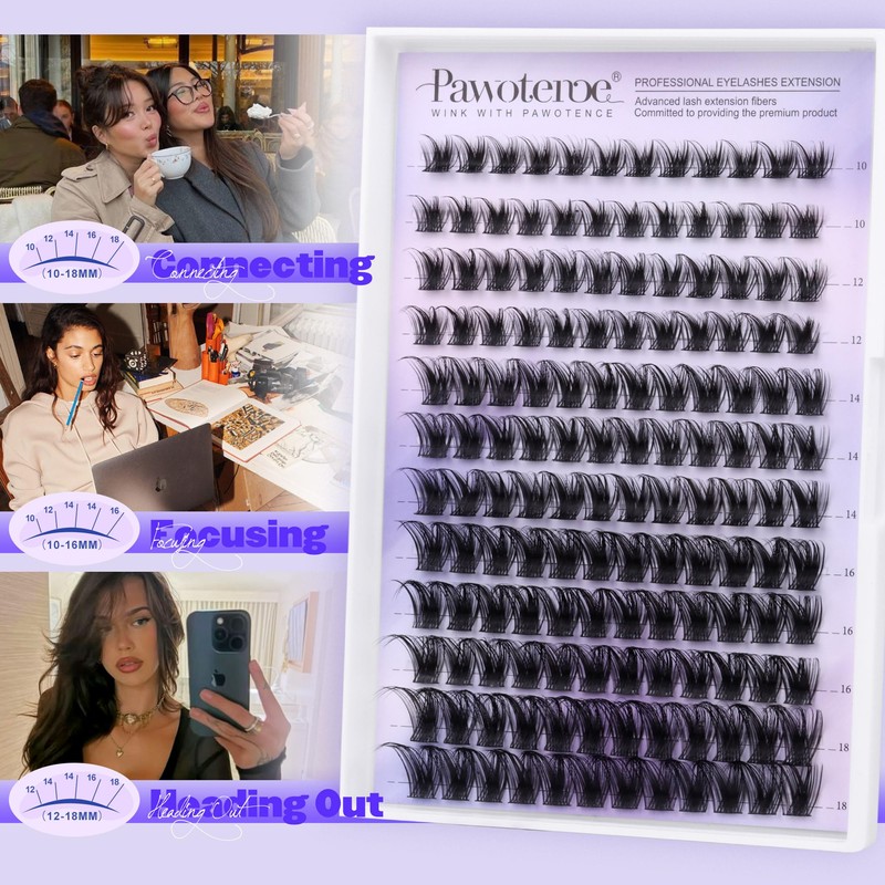 Pawotence Lash Clusters Wispy Kira Cluster Eyelash Extensions 10-18mm Individual