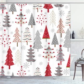 Bayson Christmas Shower Curtain, Gray Red Christmas Tree and Snowflakes Bath Curtain Waterproof Polyester Fabric 72 x 72 Inches Set with Hooks