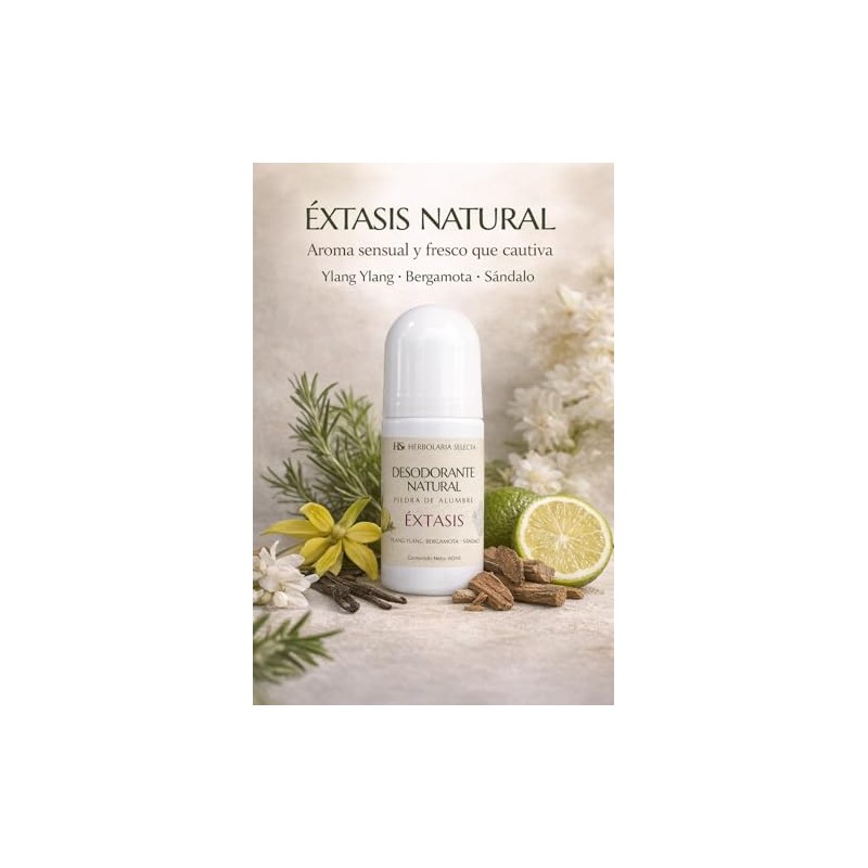 Herbolaria Selecta Desodorante Natural Roll-On Éxtasis, Piedra de Alumbre, Sábila,