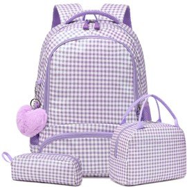 Glitter Checkered Backpack for Girls, 3 in 1 Purple Checker Schoolbag with Lunch Bag & Pencil Case and Chest Strap for Preschool Kindergarten Elementary Girls