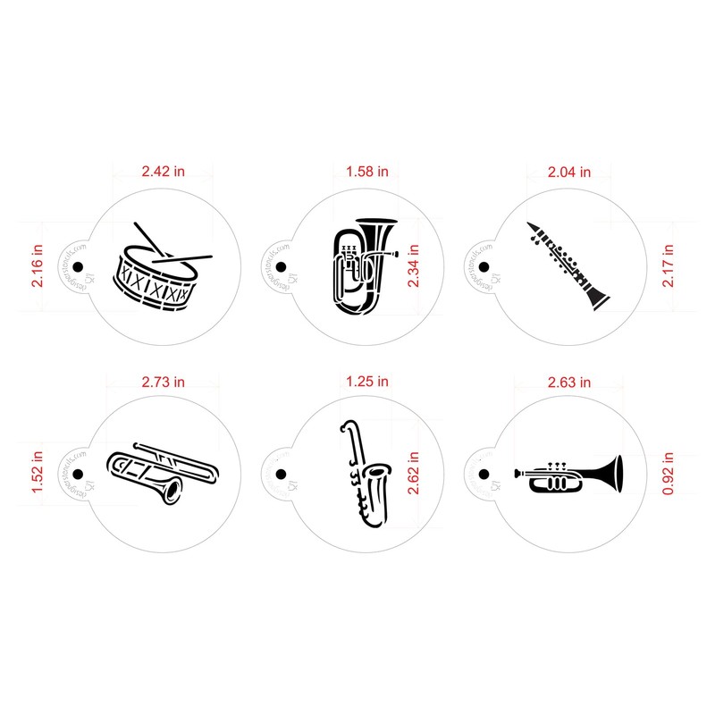 Designer Stencils C953 Marching Band Instruments Cookie Stencil, Beige/Semi-Transparent, Fits