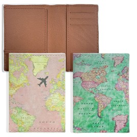 LELE LIFE 2 Pack Passport Holder Women, Passport Cover Case with Boarding Pass Slot and 3 Card Slots, World Map Travel Wallet Passport Book Holder,Style B