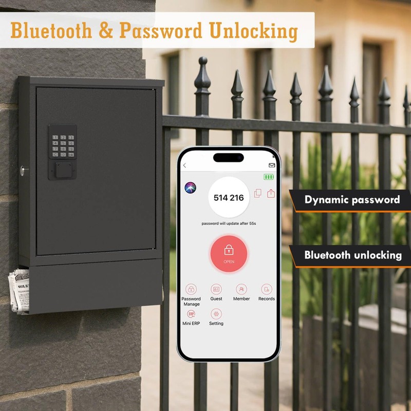 WeHere Wall-Mount Mailbox for Outside, Mailboxes use Bluetooth/Code/Key Unlock, Galvanized