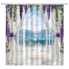 CCXTCZ Ocean Beach Shower Curtain Coastal Blue Sea Summer Hawaiian Tropical Purple Floral Leaves Nature Landscape Polyester Bathroom Decor with Hook,70" Wx70 H