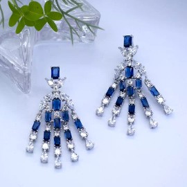 Sapphire Rhodium Plated with Simulated Sapphire & Cubic Zirconia Drop Stud Earrings