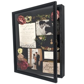 FramePro Shadow Box 13x16 Front Open with Hinge Beaded Designed Display Case with Linen Back, Picture Frame Wedding Bouquet Memorabilia Medals Photos Memory Box for Keepsakes Black