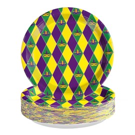 50 Pcs Mardi Gras Paper Plates 10" Large Colorful Checkered Dessert Plates Disposable Purple Yellow Green Mask Mardi Gras Party Supplies for New Orleans Carnival Party Decorations